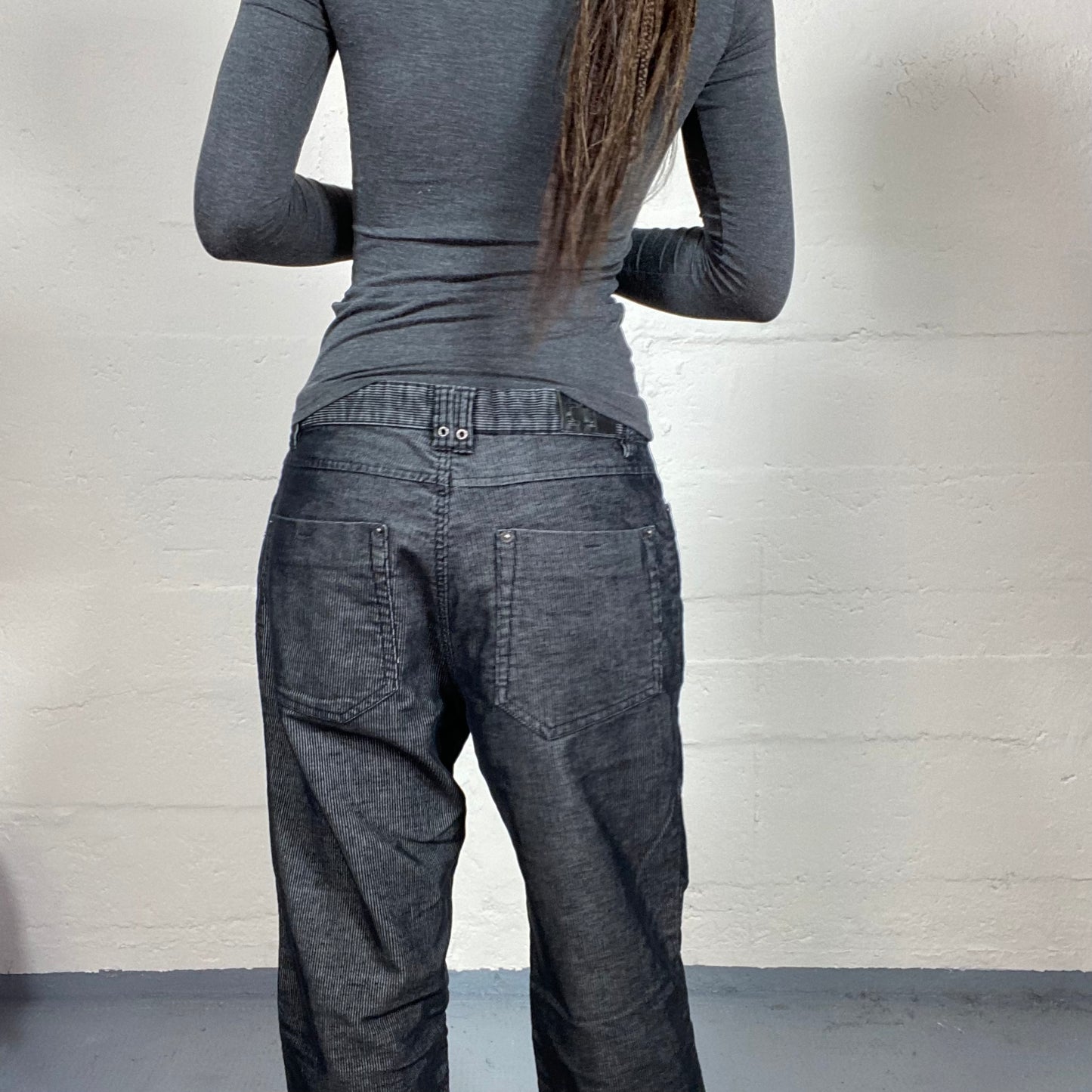 Vintage 2000's Archive Grey Low Waist Pants with Baggy Cut with Micro Stripes Denim Material (M)