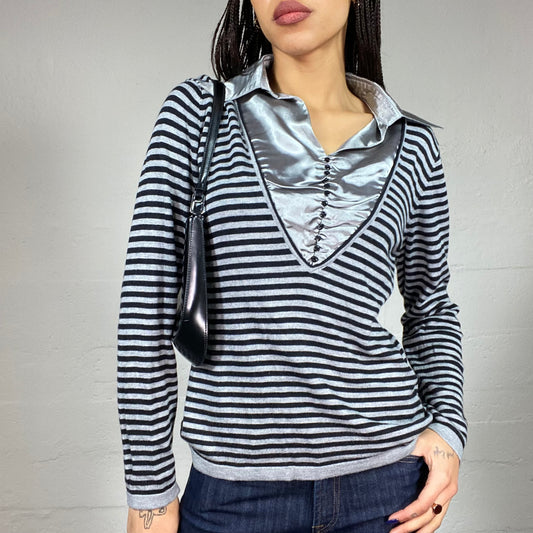 Vintage 90's Office Girl Grey Stripped Pullover with Satin Button Up Blouse Under (M)