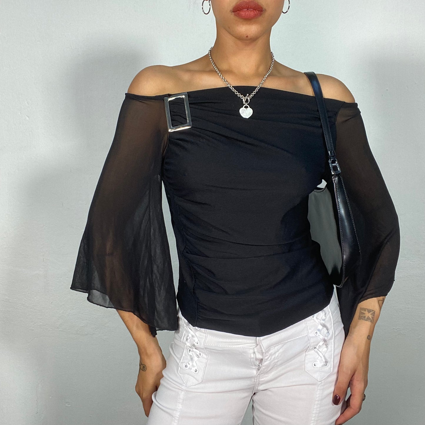 Vintage 90's Festive Black Off Shoulder Top with Mesh Sleeves and Buckle Detail (S/M)