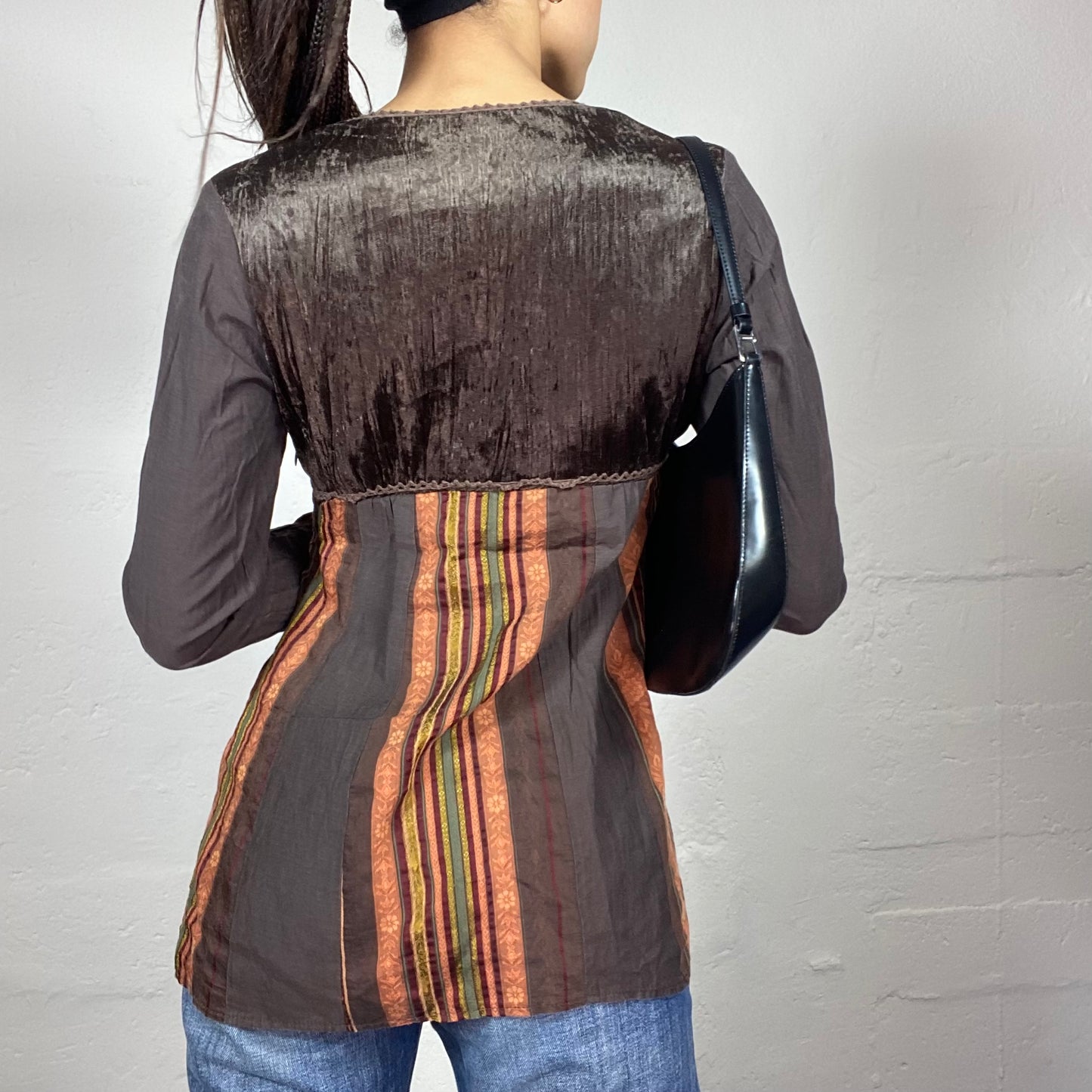 Vintage 90's Fairy Brown Longsleeve Top with Mixed Material Prints Detail (M)