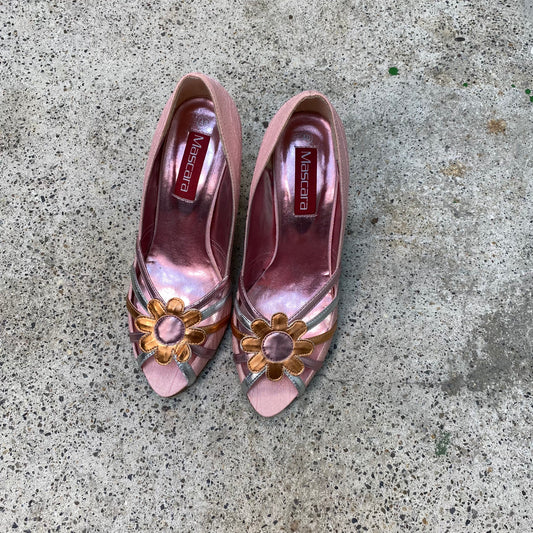 Vintage 2000's Night Out Pink Shimmery Pumps with Flower Detail (40)