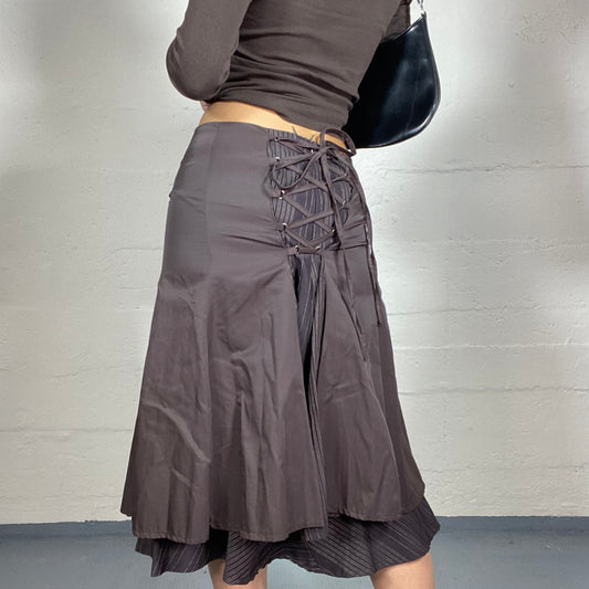 Vintage 2000's Cyber Brown Midi Tulip Skirt with Back Lacing Up Work Detail (S)