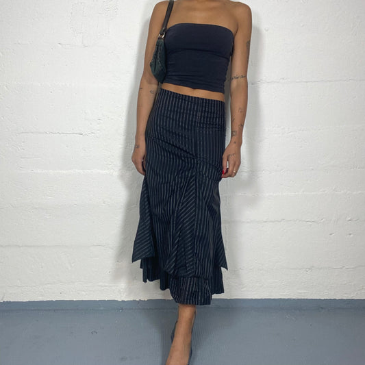 Vintage 2000's Cyber Black Maxi Skirt with Pinestripes and Layered Deconstructed Cut (S)