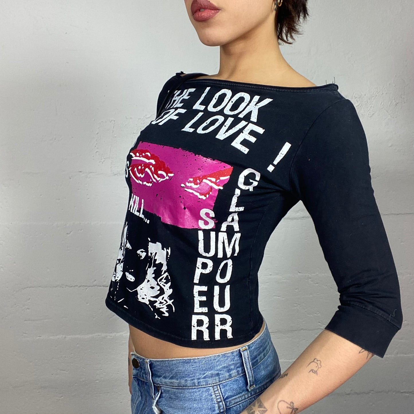 Vintage 2000's Scary Spice Black Longsleeve Top with Fuchsia Eyes and "The Look of Love" Print (S)