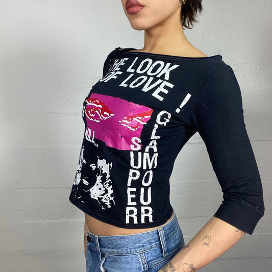 Vintage 2000's Scary Spice Black Longsleeve Top with Fuchsia Eyes and "The Look of Love" Print (S)