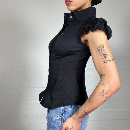 Vintage 2000's Corpcore Black Shirt Top with Balloon Short Sleeves Detail (S)