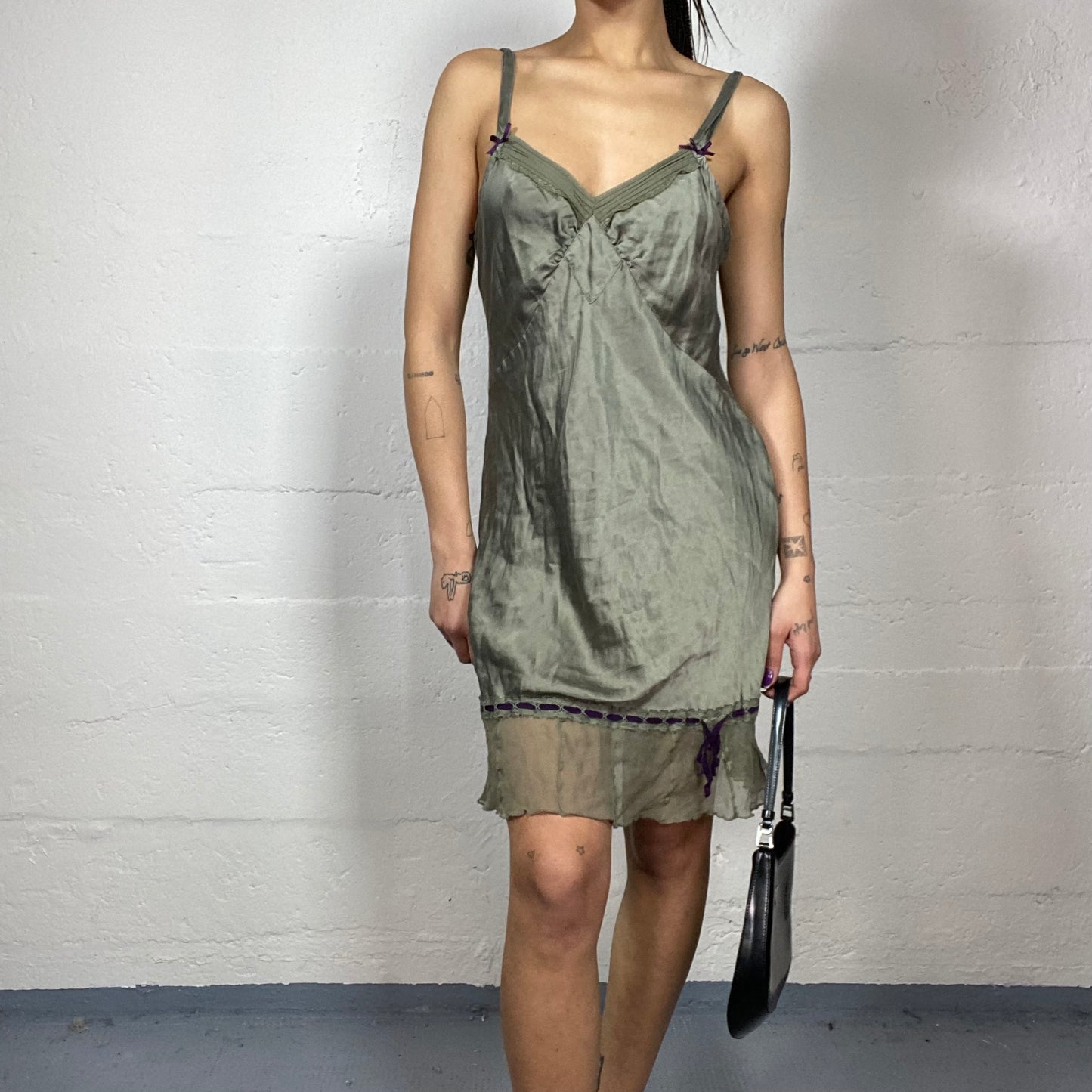 Vintage 2000's Model After Party Khaki Satin Dress with Mesh Volant Detail (M)