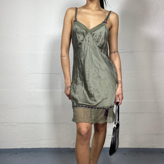 Vintage 2000's Model After Party Khaki Satin Dress with Mesh Volant Detail (M)