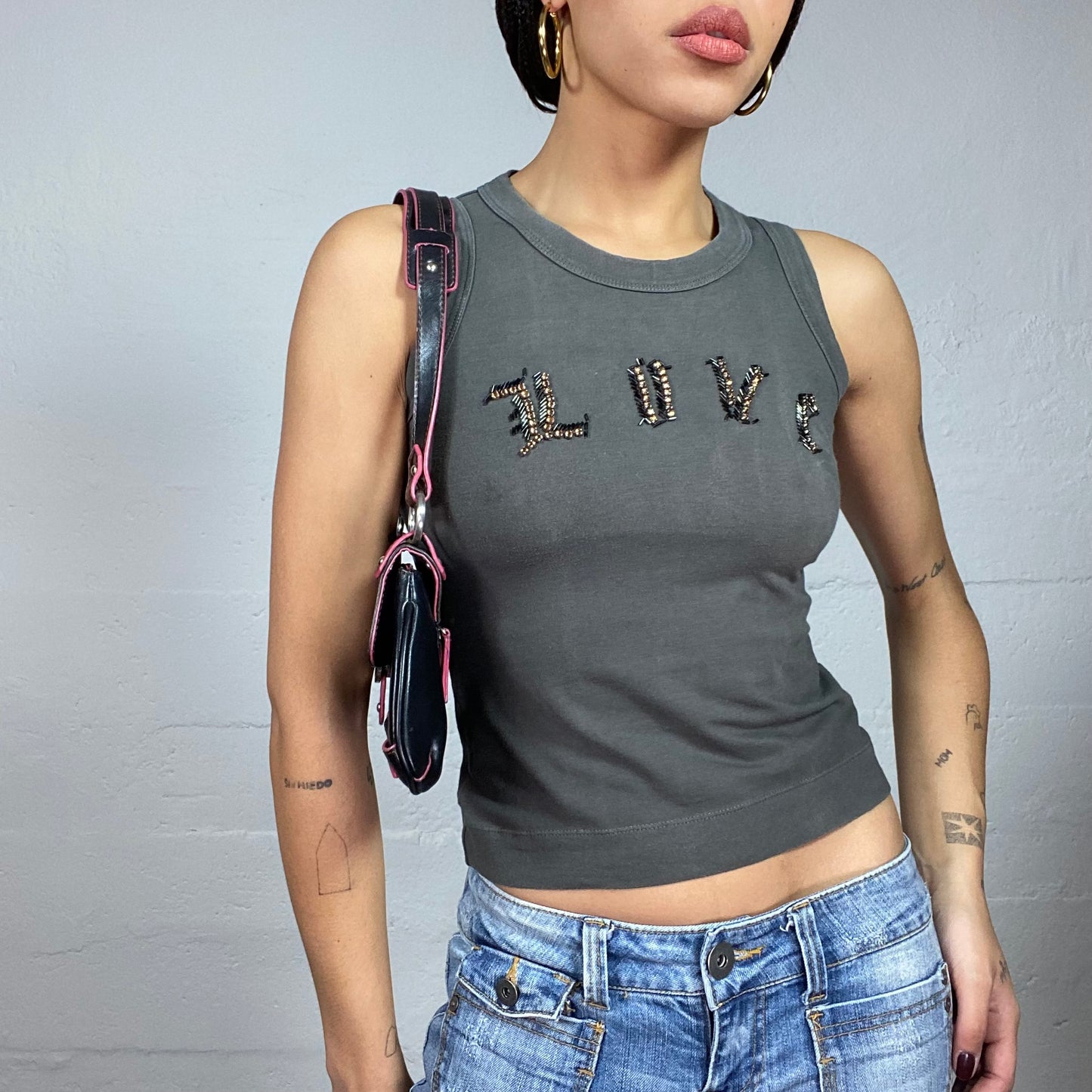 Vintage 2000's Downtown Girl Stone Grey Top with Beads "Love" Print (S)