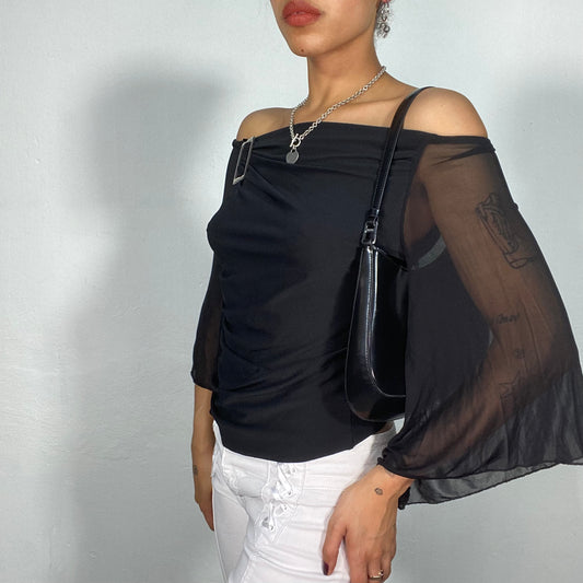 Vintage 90's Festive Black Off Shoulder Top with Mesh Sleeves and Buckle Detail (S/M)