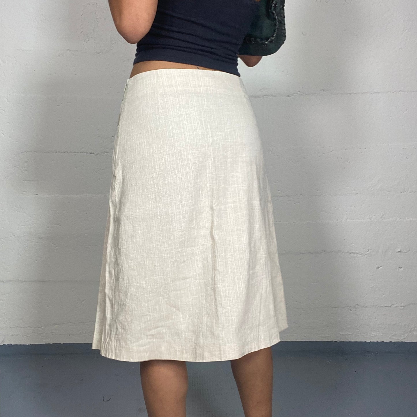 Vintage 2000's Office Beige Midi Skirt with Box Pleats Cut (S)