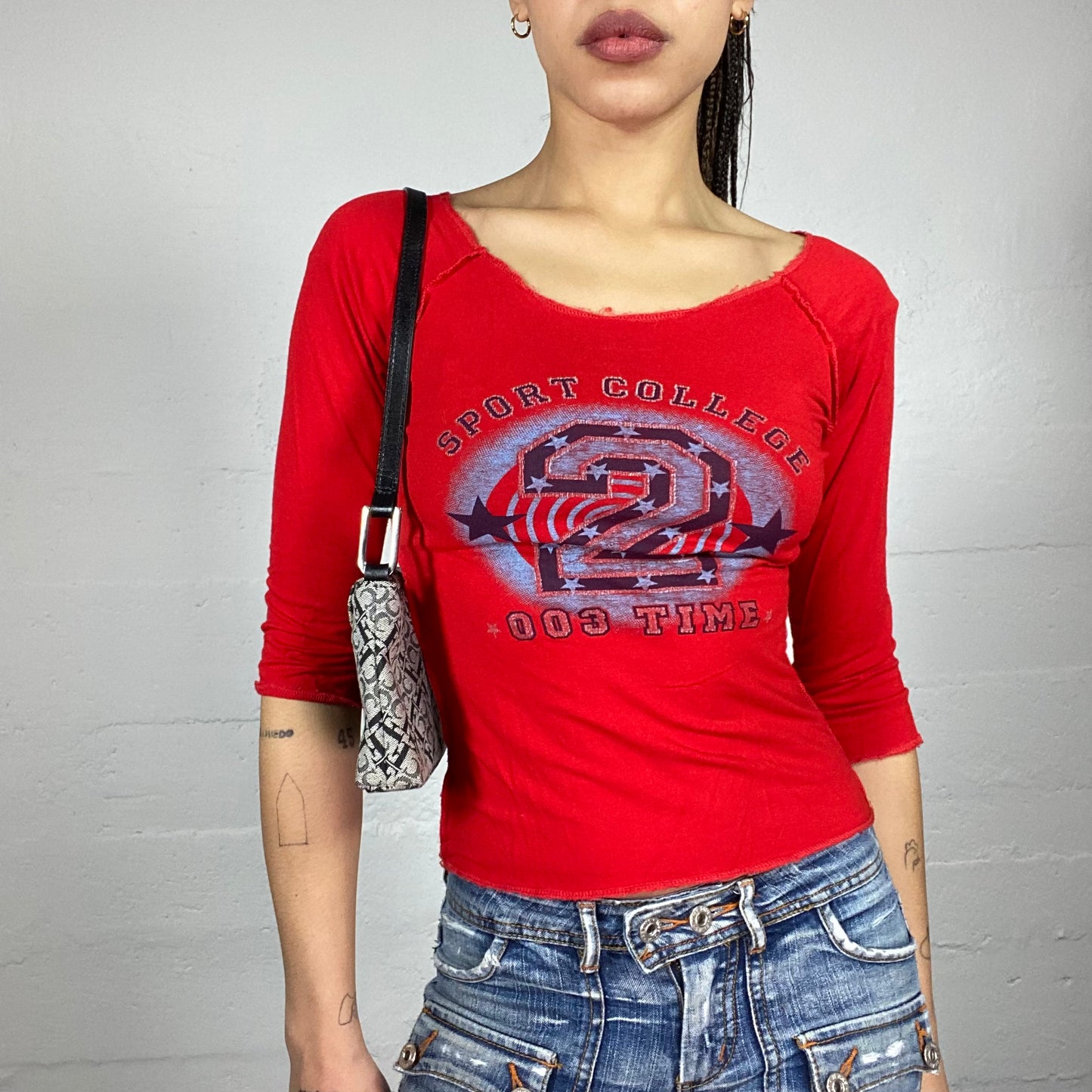 Vintage 90's Sporty Red Longsleeve Top with "Sport College Time" Print (S)