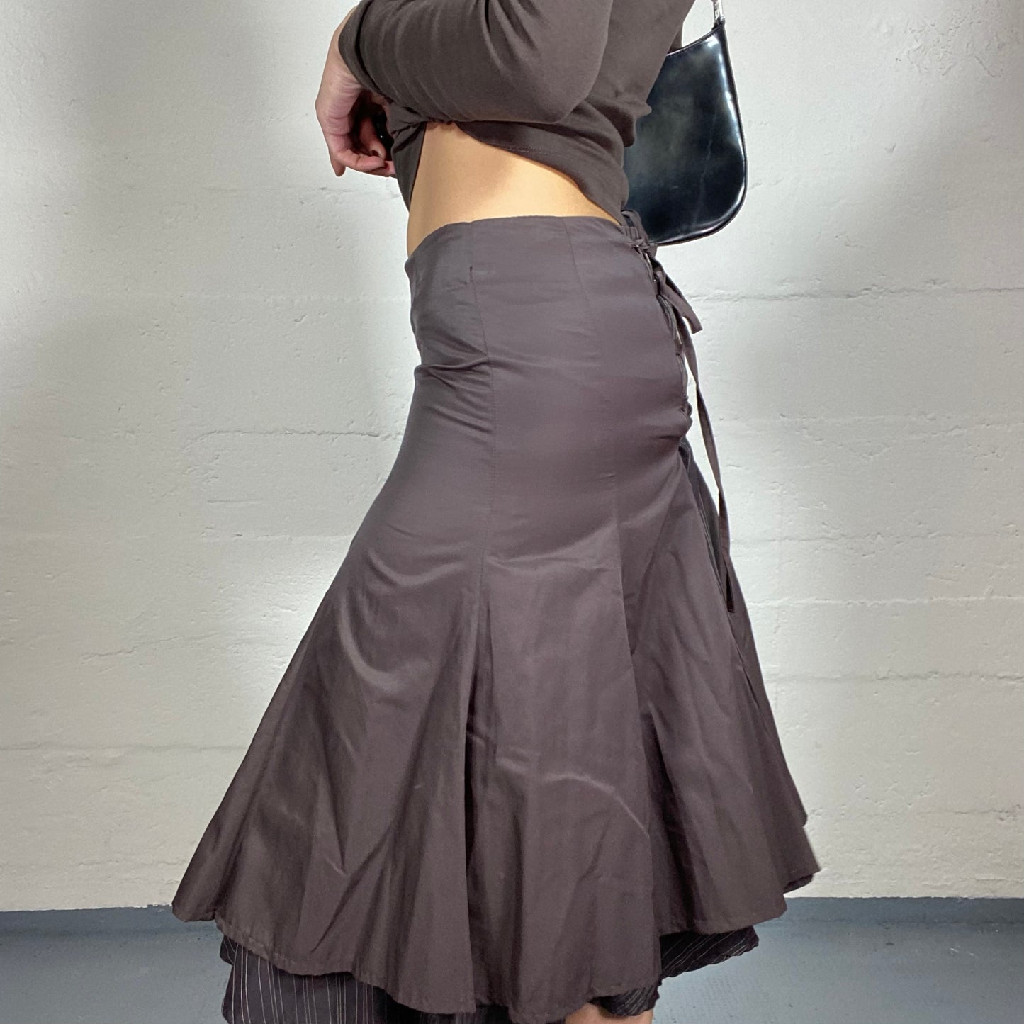 Vintage 2000's Cyber Brown Midi Tulip Skirt with Back Lacing Up Work Detail (S)