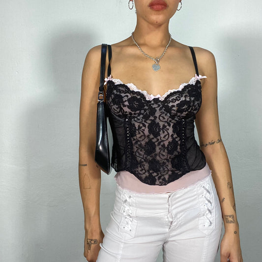 Vintage 2000's Lingerie Black and Baby Pink Lace Corset (S)