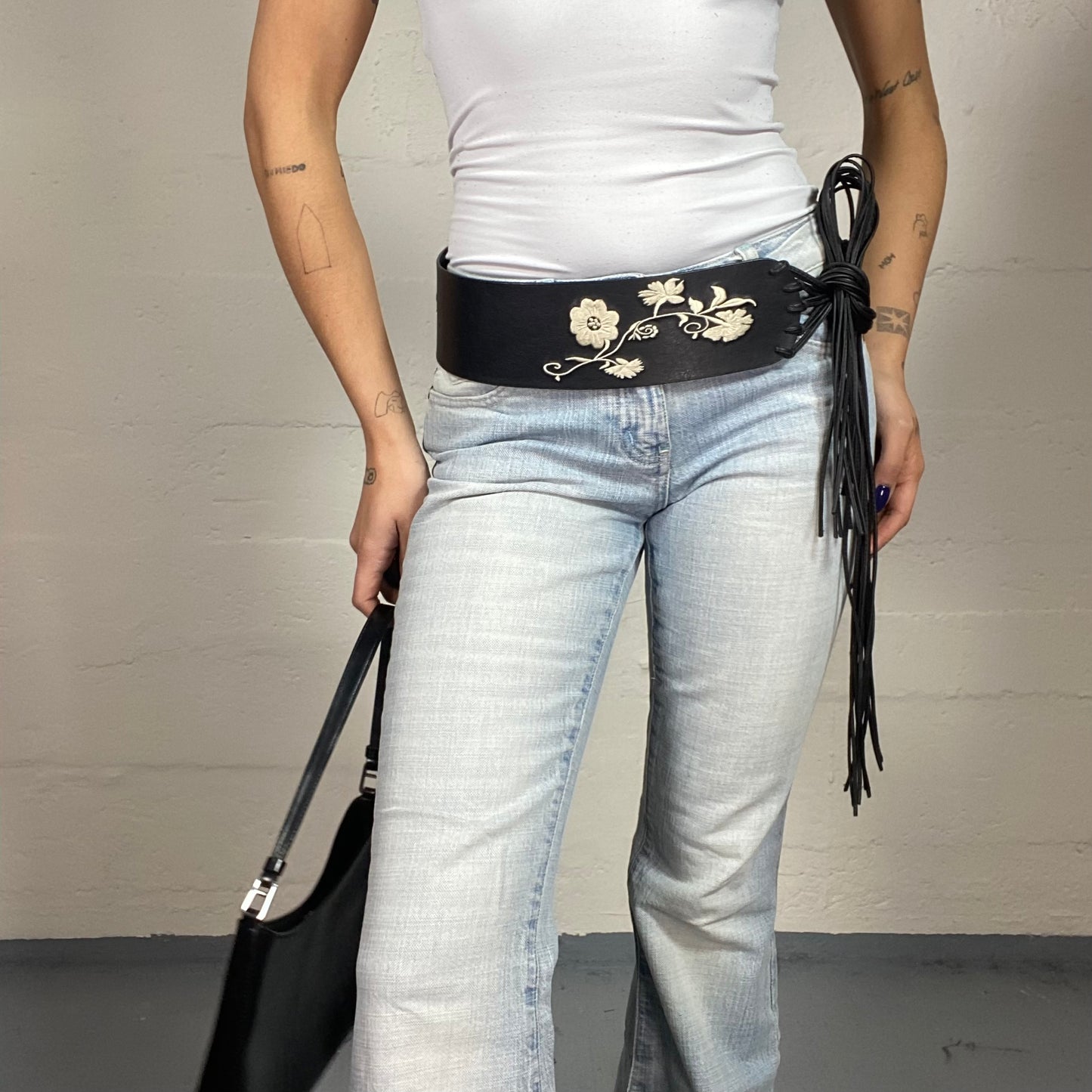 Vintage 2000's Indie Black Lace Up Belt with White Floral Print Detail