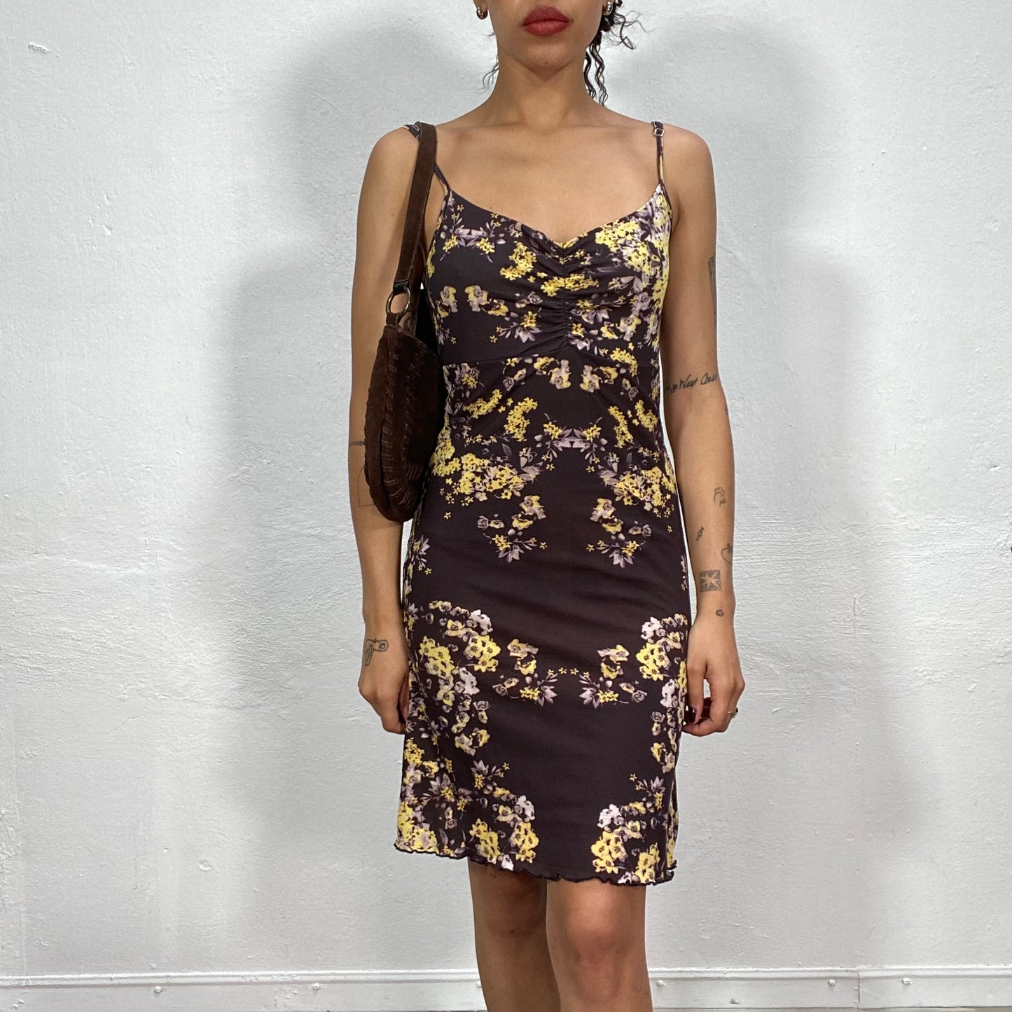 Vintage 2000's Soft Girl Brown Dress with Yellow Floral Print (S)