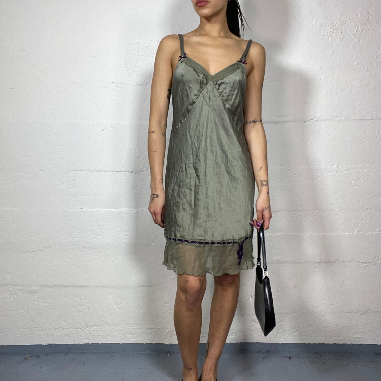 Vintage 2000's Model After Party Khaki Satin Dress with Mesh Volant Detail (M)