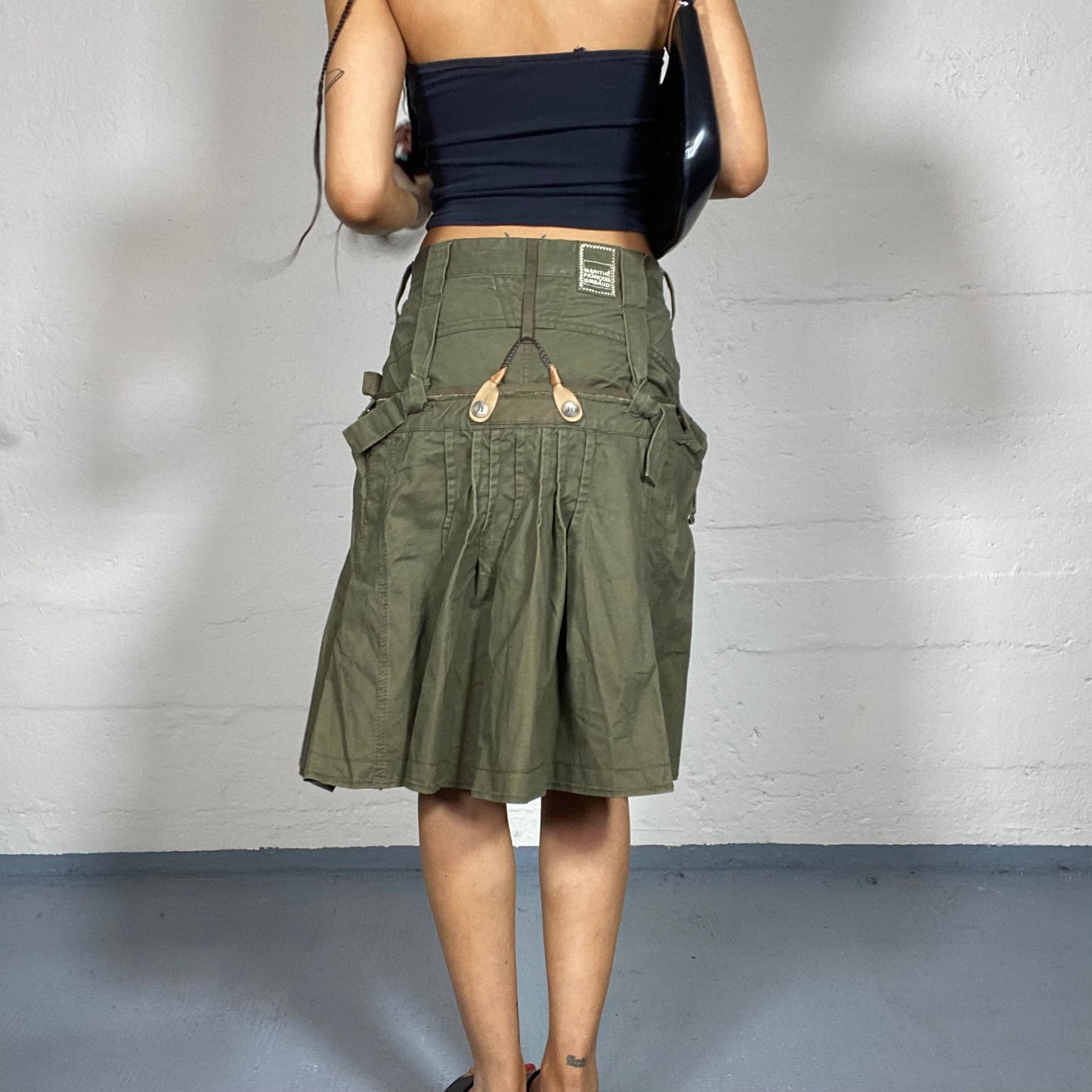 Vintage 2000's Marithé + François Girbaud Grunge Khaki Cargo Midi Skirt with Pleaded Cut (S)