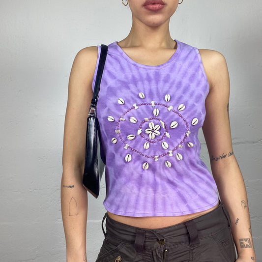 Vintage 2000's Surfer Girl Purple Tie Dye Top with Seashells Embroidery Detail (S)