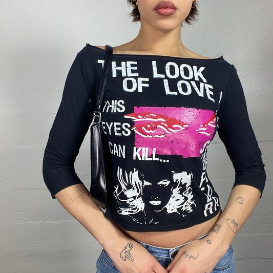 Vintage 2000's Scary Spice Black Longsleeve Top with Fuchsia Eyes and "The Look of Love" Print (S)