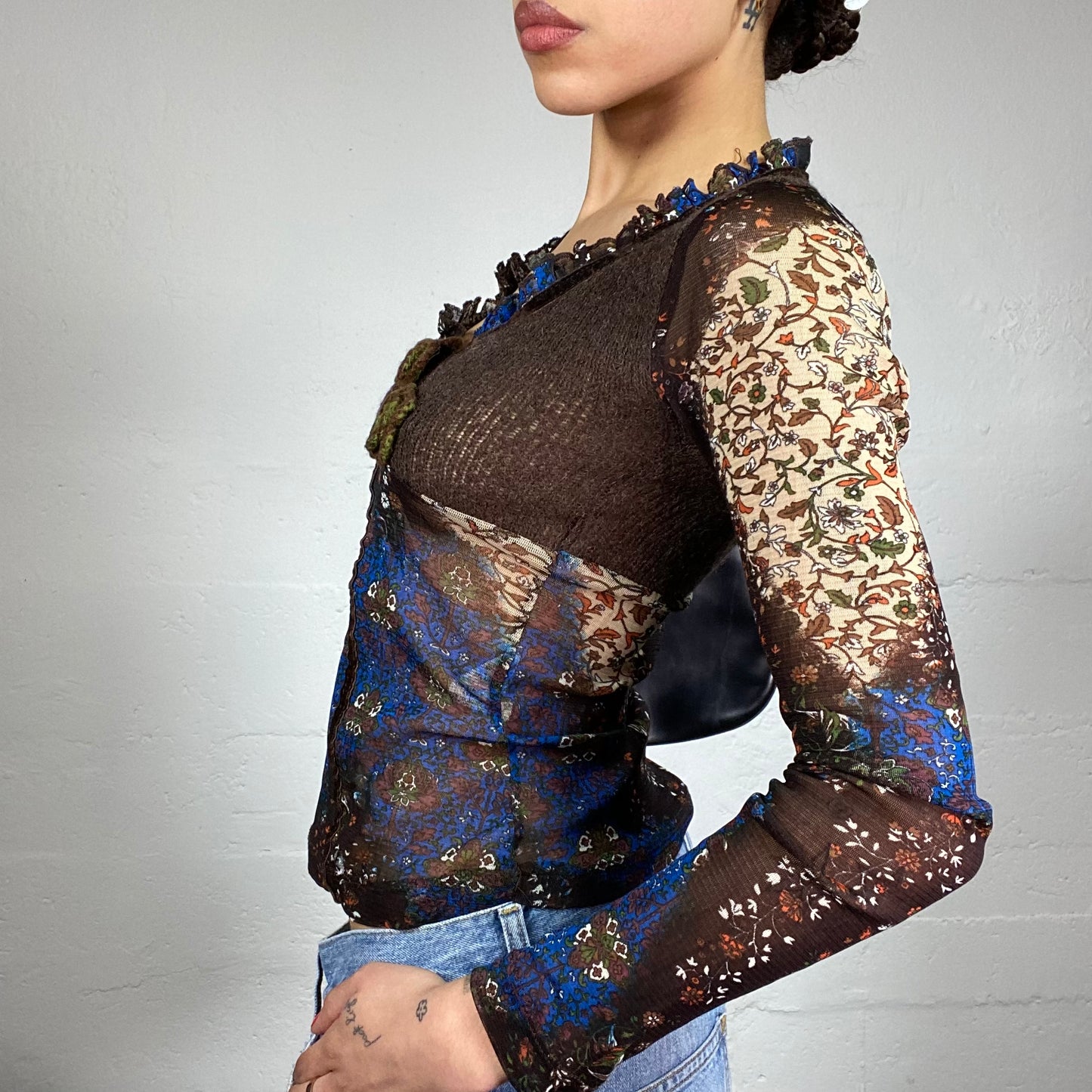 Vintage 90's Whimsigoth Brown and Blue Mesh Longsleeve Top with Crochet Detail (M)