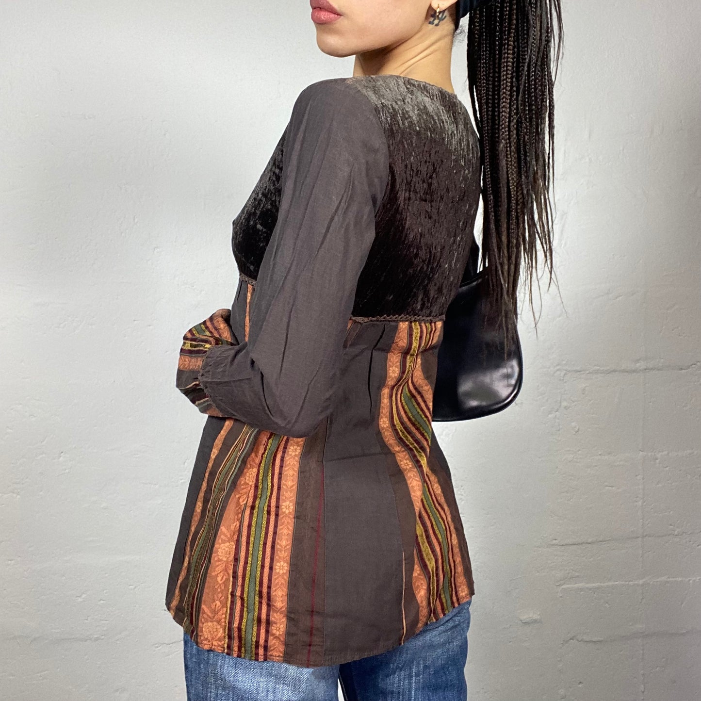 Vintage 90's Fairy Brown Longsleeve Top with Mixed Material Prints Detail (M)