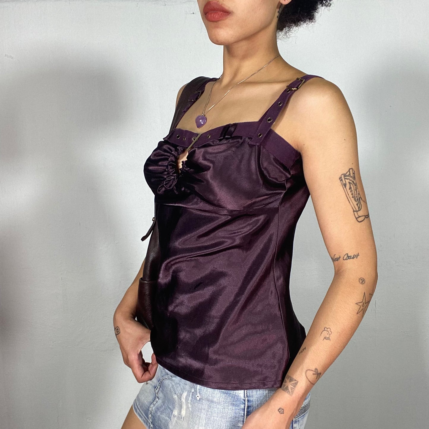 Vintage 2000's Grunge Purple Satin Top with Belt-Look Details (S/M)