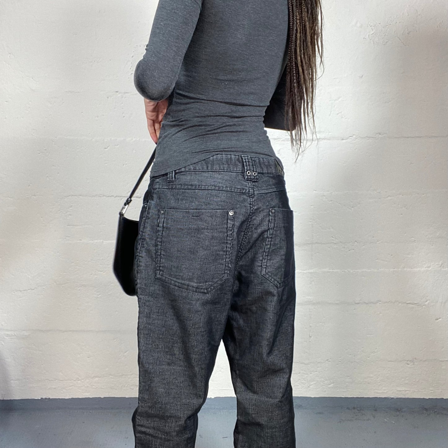 Vintage 2000's Archive Grey Low Waist Pants with Baggy Cut with Micro Stripes Denim Material (M)