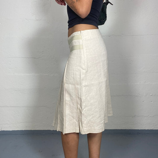 Vintage 2000's Office Beige Midi Skirt with Box Pleats Cut (S)