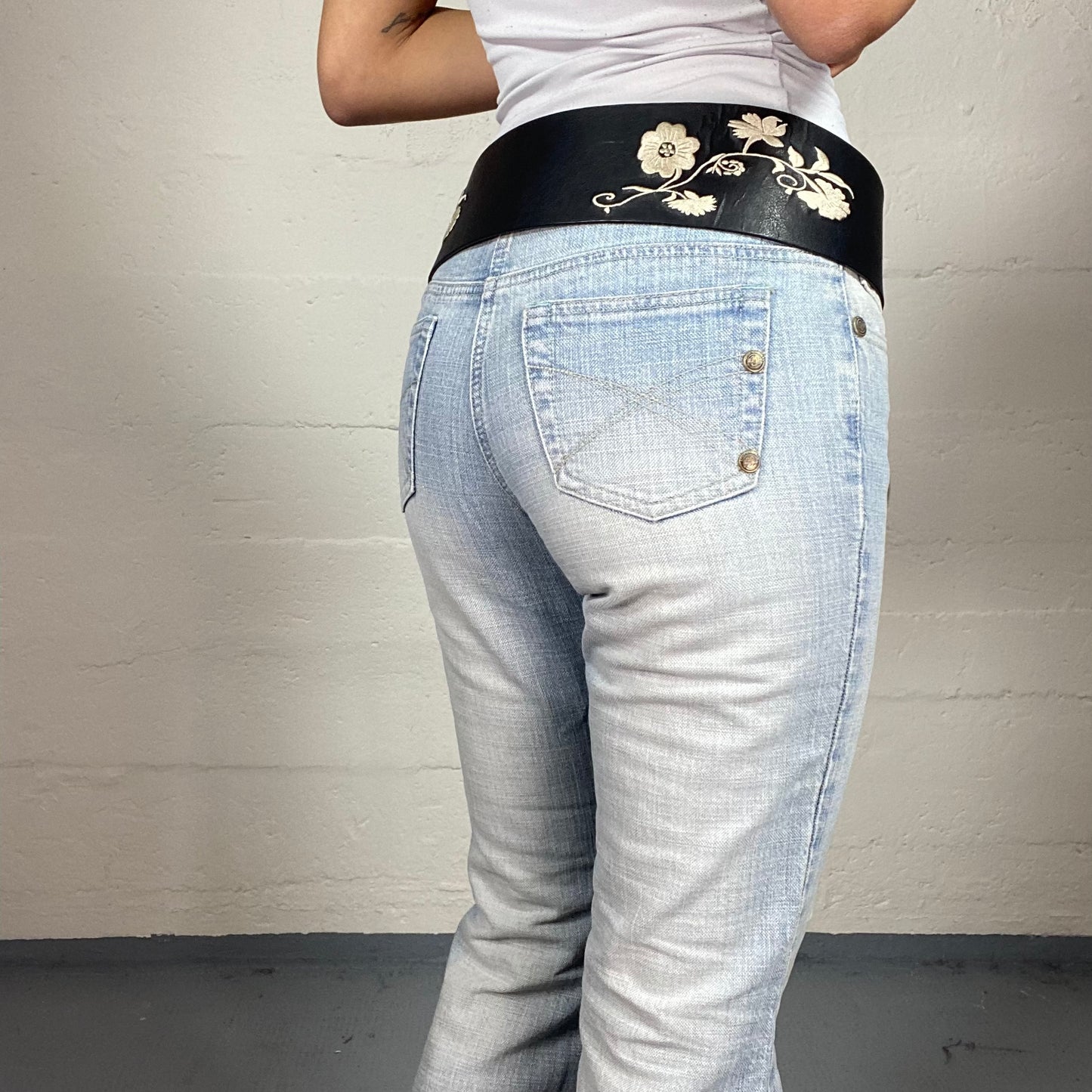 Vintage 2000's Indie Black Lace Up Belt with White Floral Print Detail