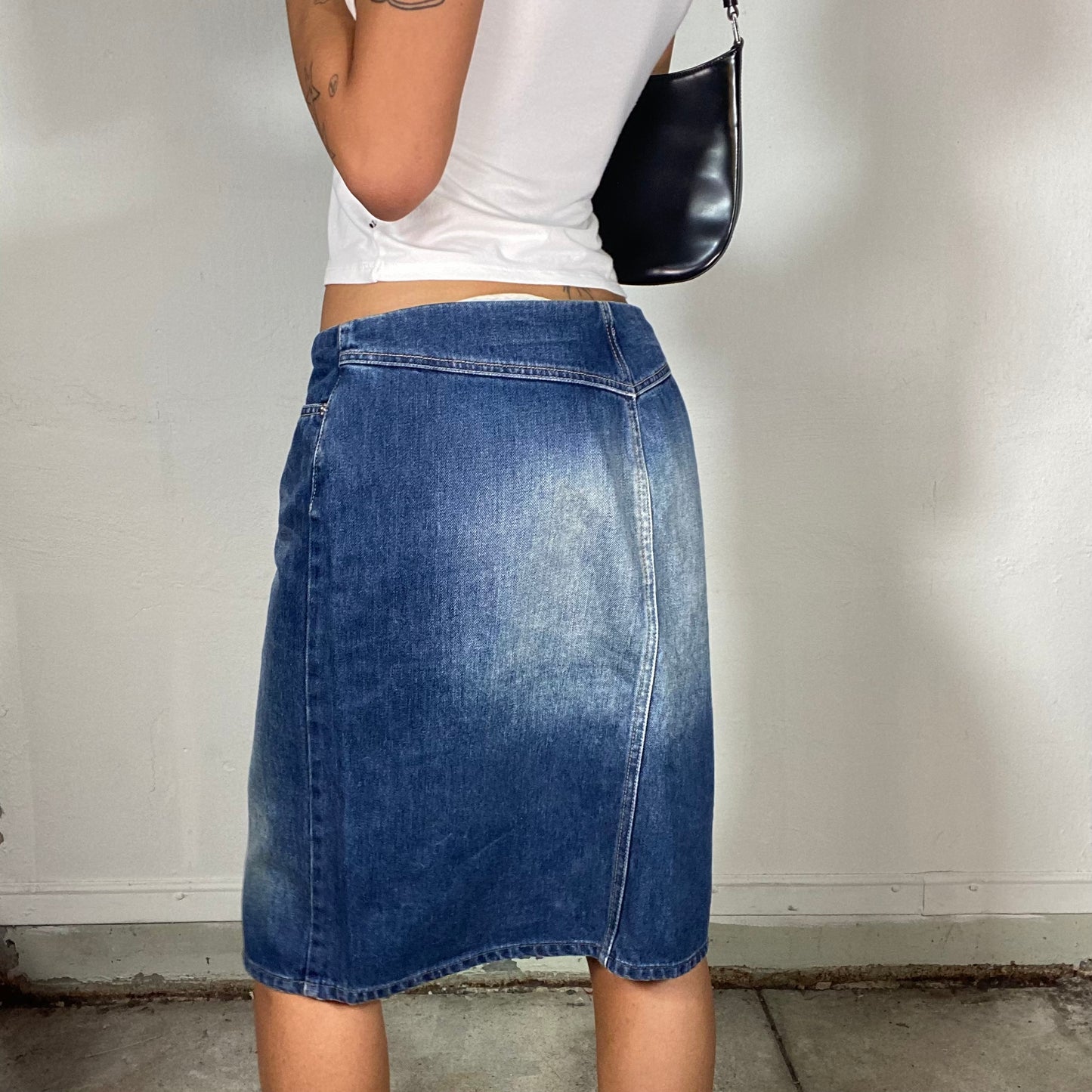 Vintage 90's Diesel Denim Midi Skirt with Washed Out Details (M)