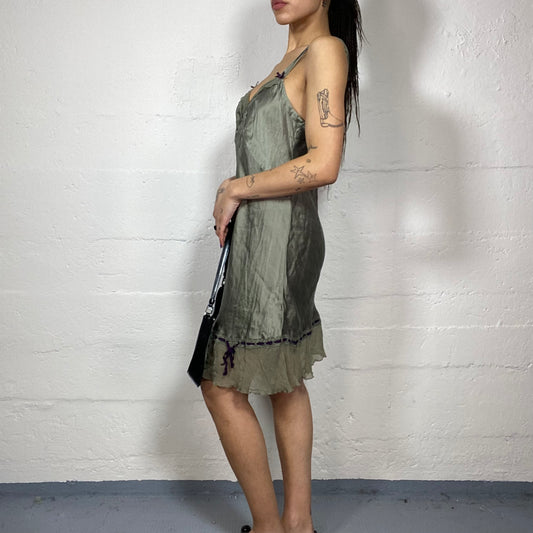 Vintage 2000's Model After Party Khaki Satin Dress with Mesh Volant Detail (M)