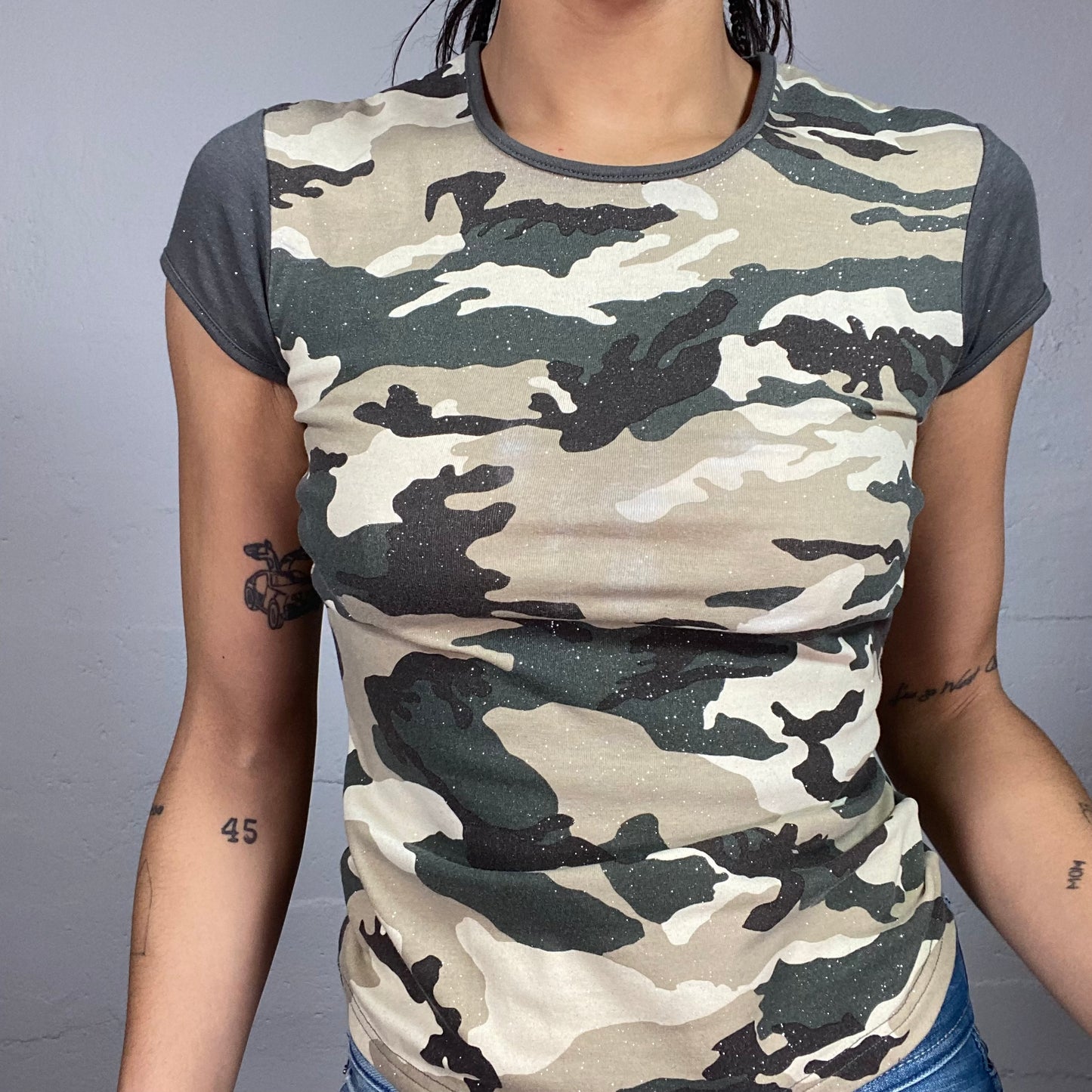 Vintage 2000's Rave Khaki Top with Camo Print and Glitter Material (S)