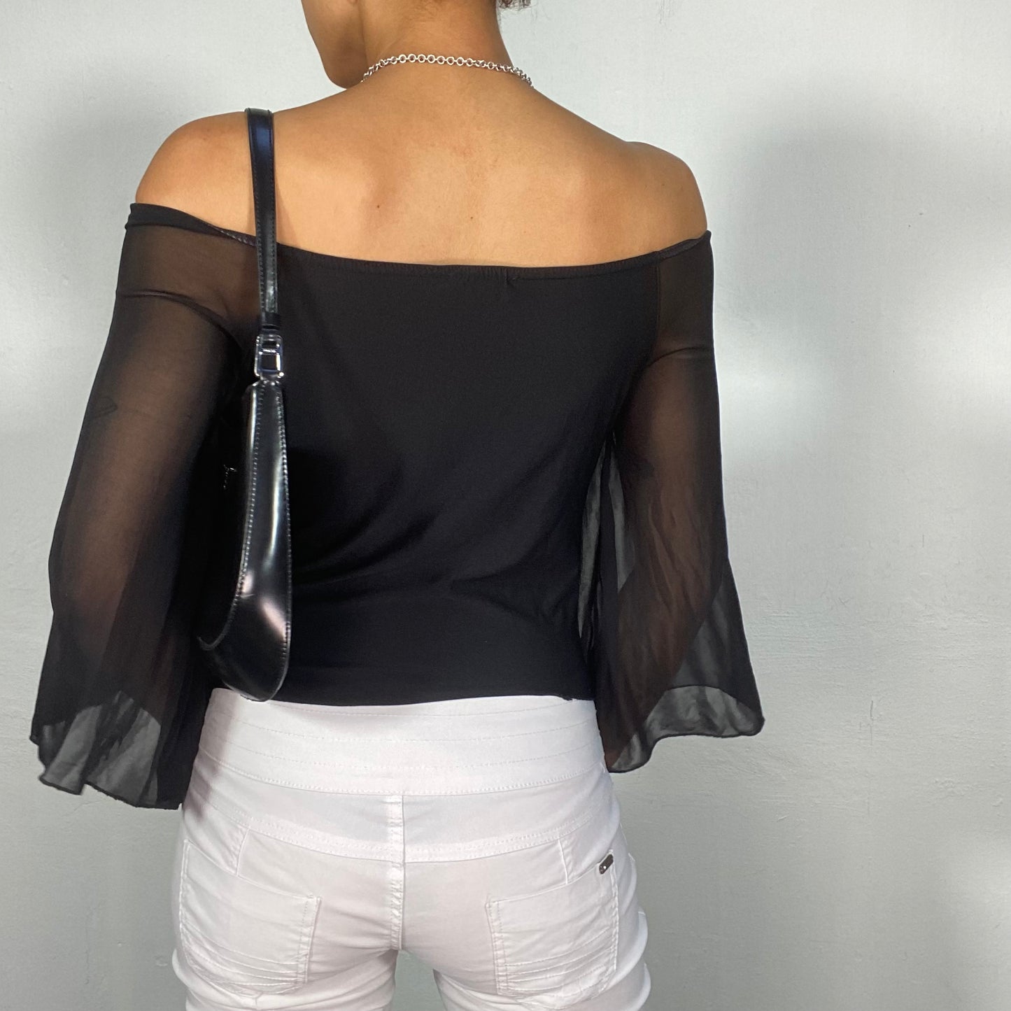 Vintage 90's Festive Black Off Shoulder Top with Mesh Sleeves and Buckle Detail (S/M)