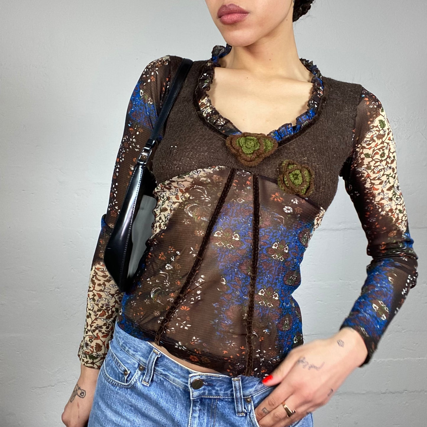 Vintage 90's Whimsigoth Brown and Blue Mesh Longsleeve Top with Crochet Detail (M)
