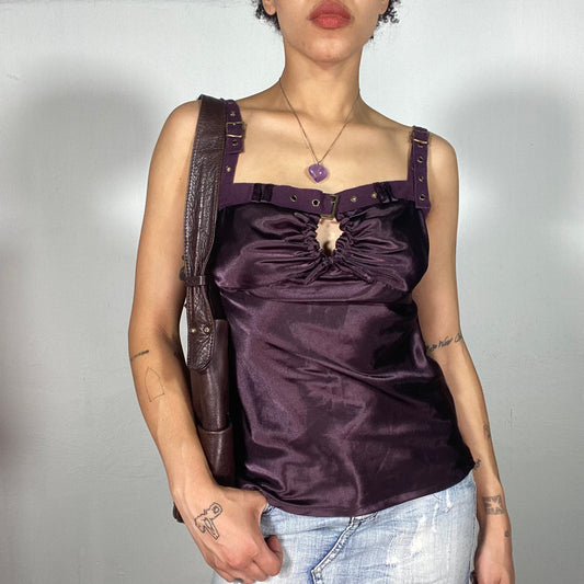 Vintage 2000's Grunge Purple Satin Top with Belt-Look Details (S/M)