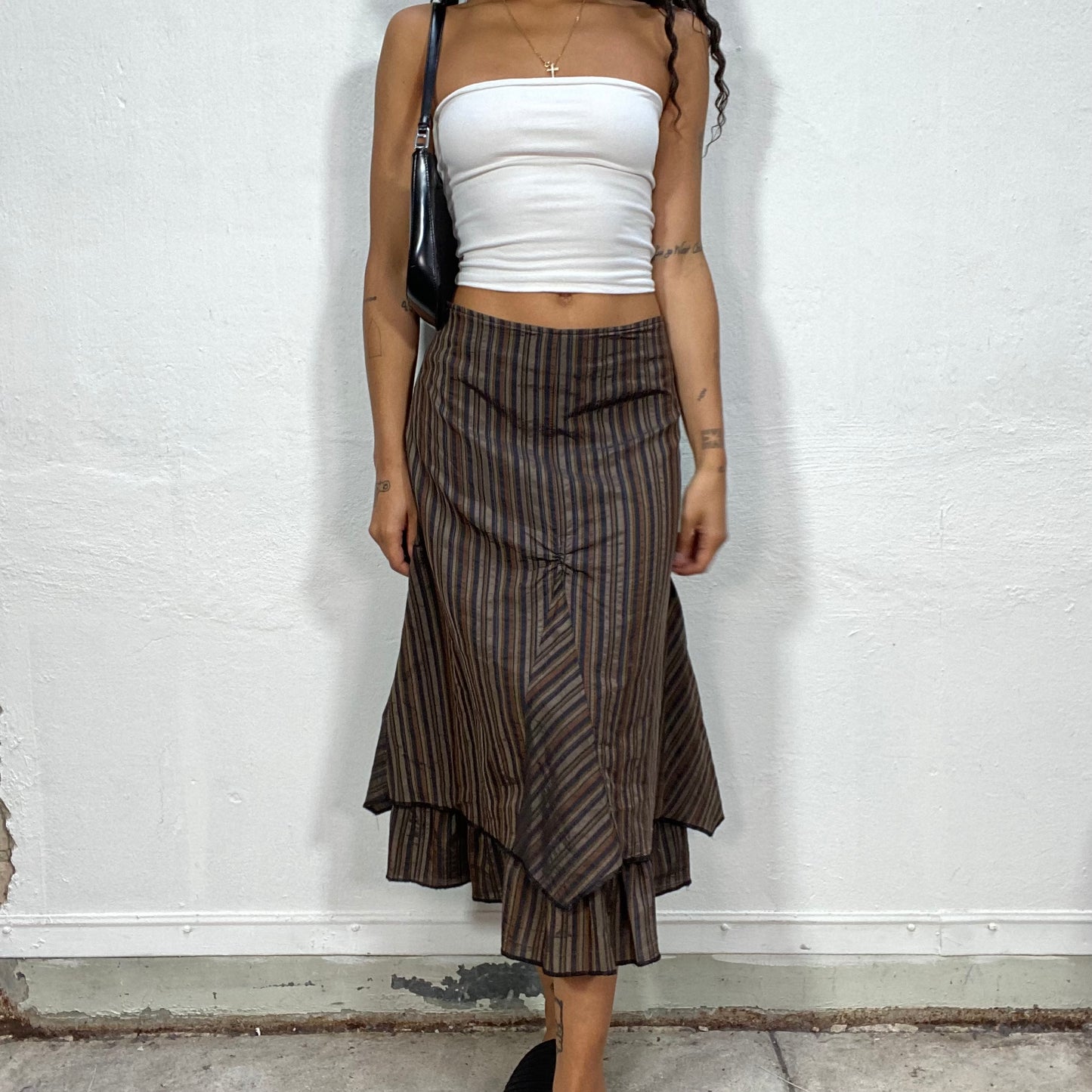 Vintage 2000's Archive Girl Brown Layered Midi Skirt with Tonal Stripes (S)