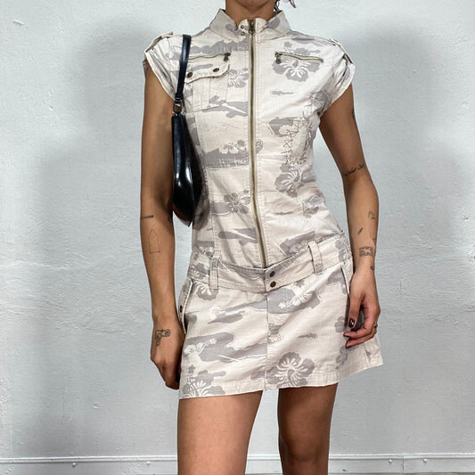 Vintage 2000's Downtown Girl Beige Camo Shirt Dress with Hibiscus Print (S)