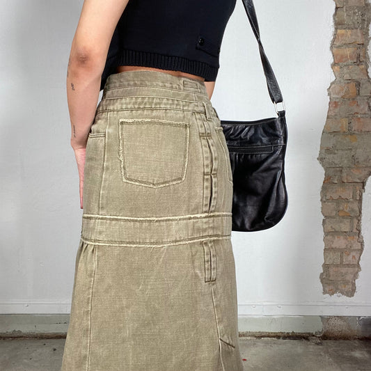 Vintage 2000's Downtown Girl Khaki Denim Maxi Skirt with Double Waist Band (S)