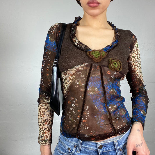 Vintage 90's Whimsigoth Brown and Blue Mesh Longsleeve Top with Crochet Detail (M)
