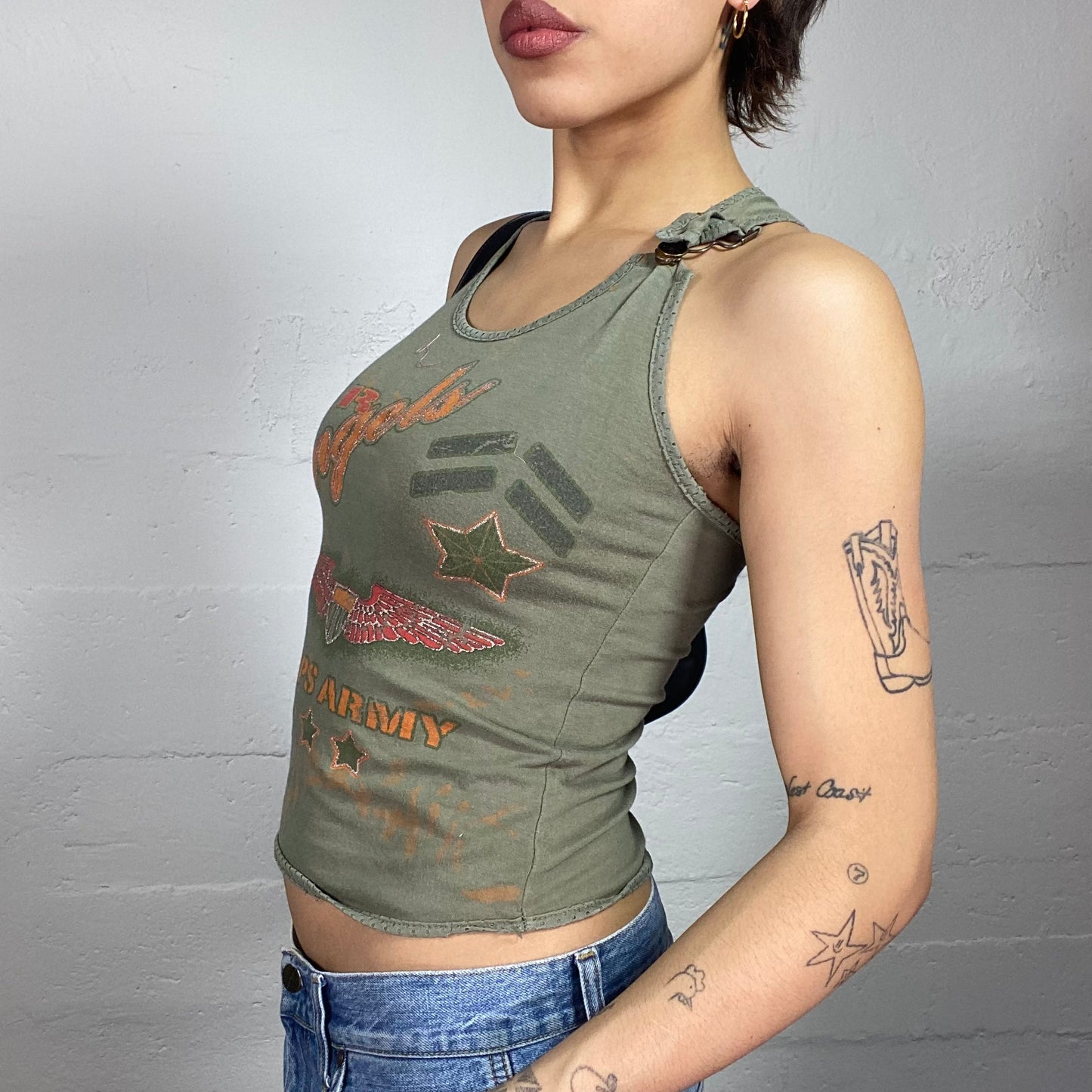 Vintage 2000's Grunge Khaki Top with Orange "Air Angels Corps Army" Print (S)