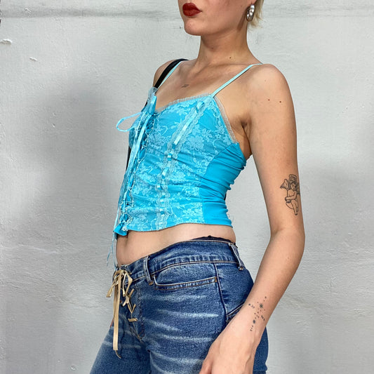 Vintage 2000's Babygirl Turquoise Corset Top with Floral Lace Embroidery and Satin Tie Detail (S)