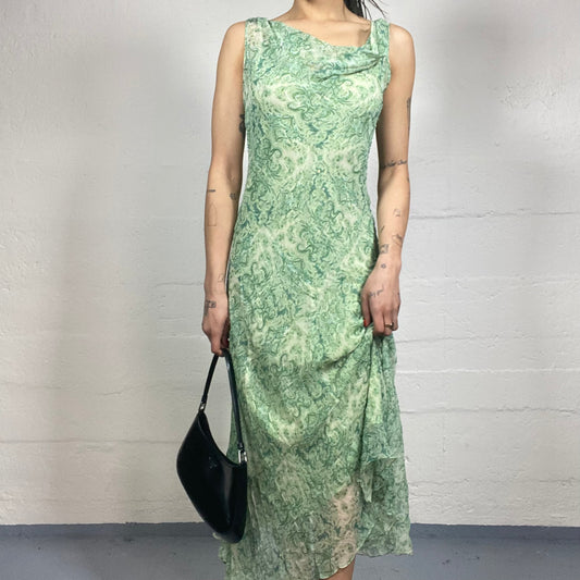 Vintage 90's Indie Mint Green Maxi Paisley Print Dress with Drapped Neckline Detail (S)