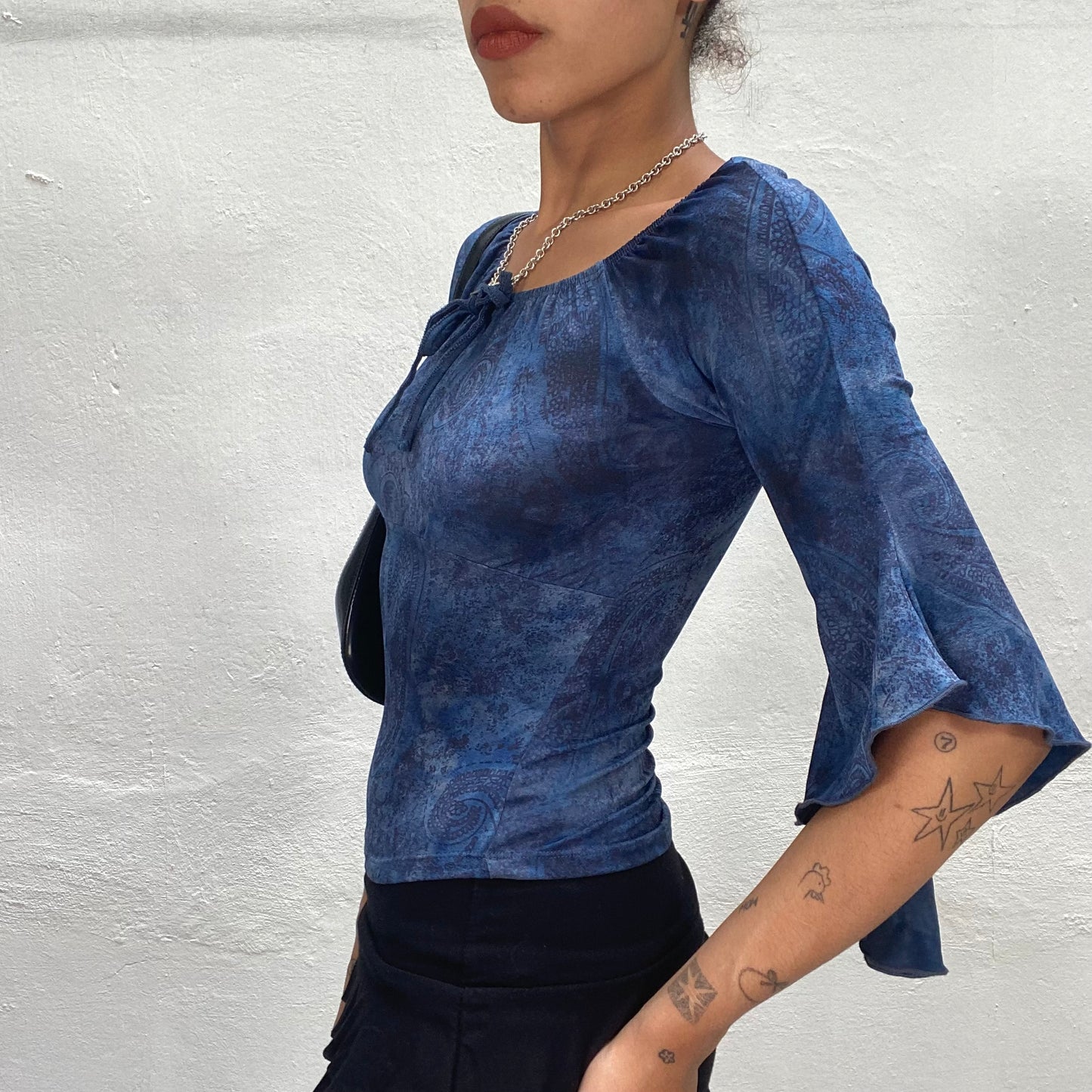 Vintage 90's Boho Blue Longsleeve Top with Paisley Print and Angel Sleeves (S)