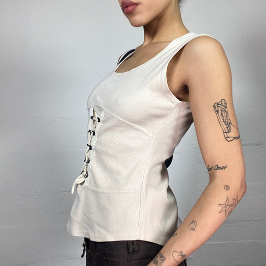 Vintage 2000's Downtown Girl Beige Top with Lace Up Corset Waist Detail (M)