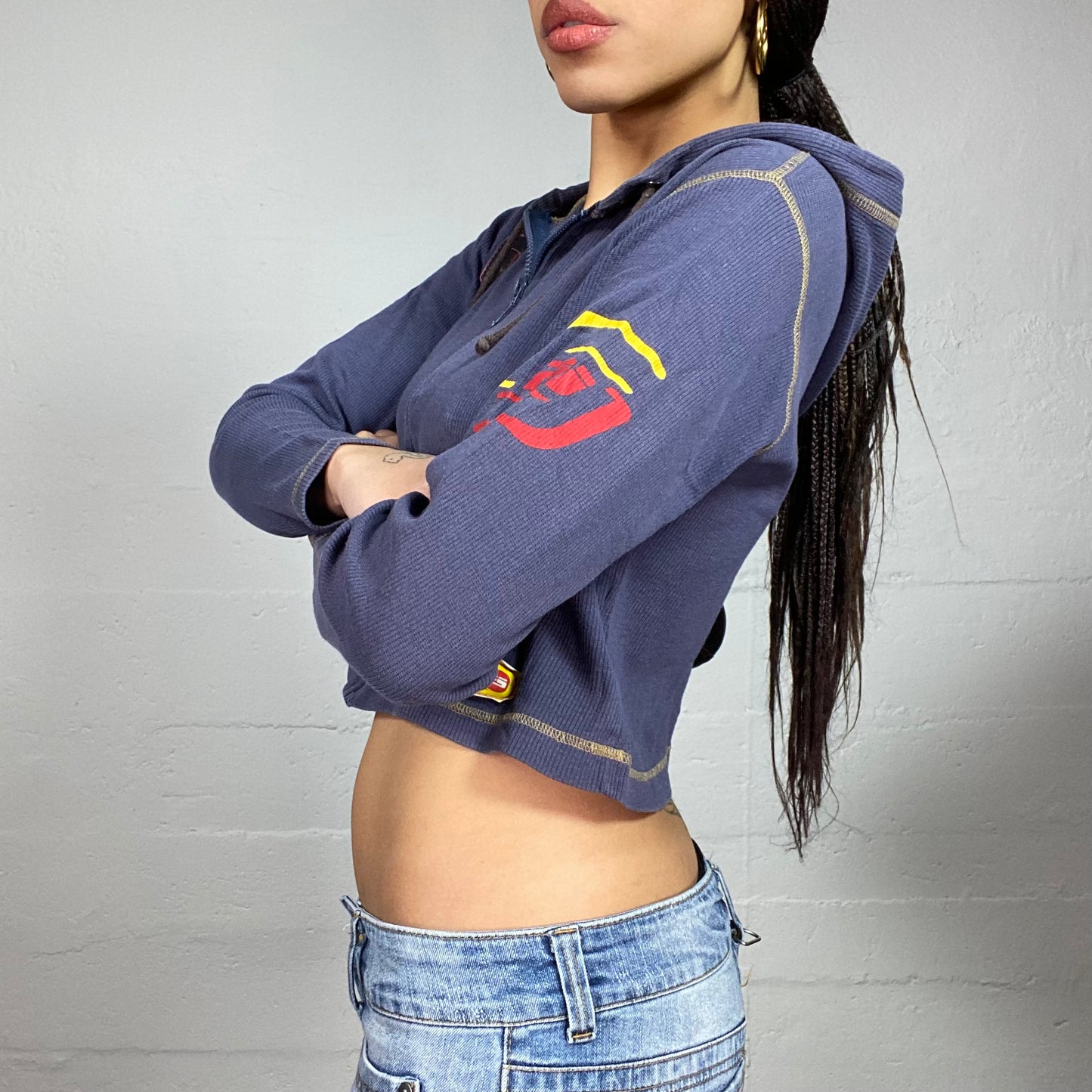 Vintage 2000's Sporty Blue Zip Up Sweater with Red and Yellow Print (M)