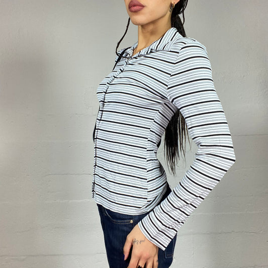 Vintage 90's Rachel Green Grey Button Up Top with Stripes Print (S/M)