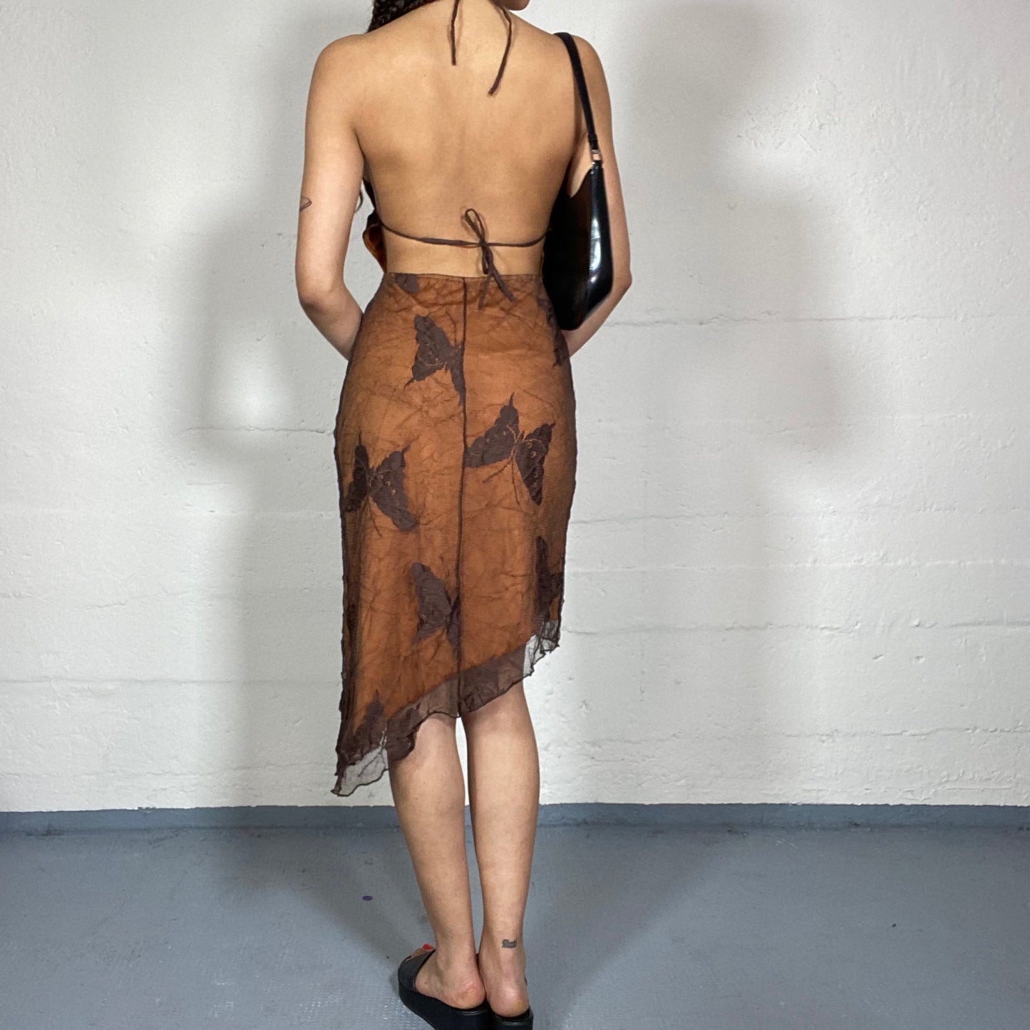 Vintage 2000's Romantic Brown Asymmetric Cut Dress with Open Back and Butterfly Embroidery Print (S)