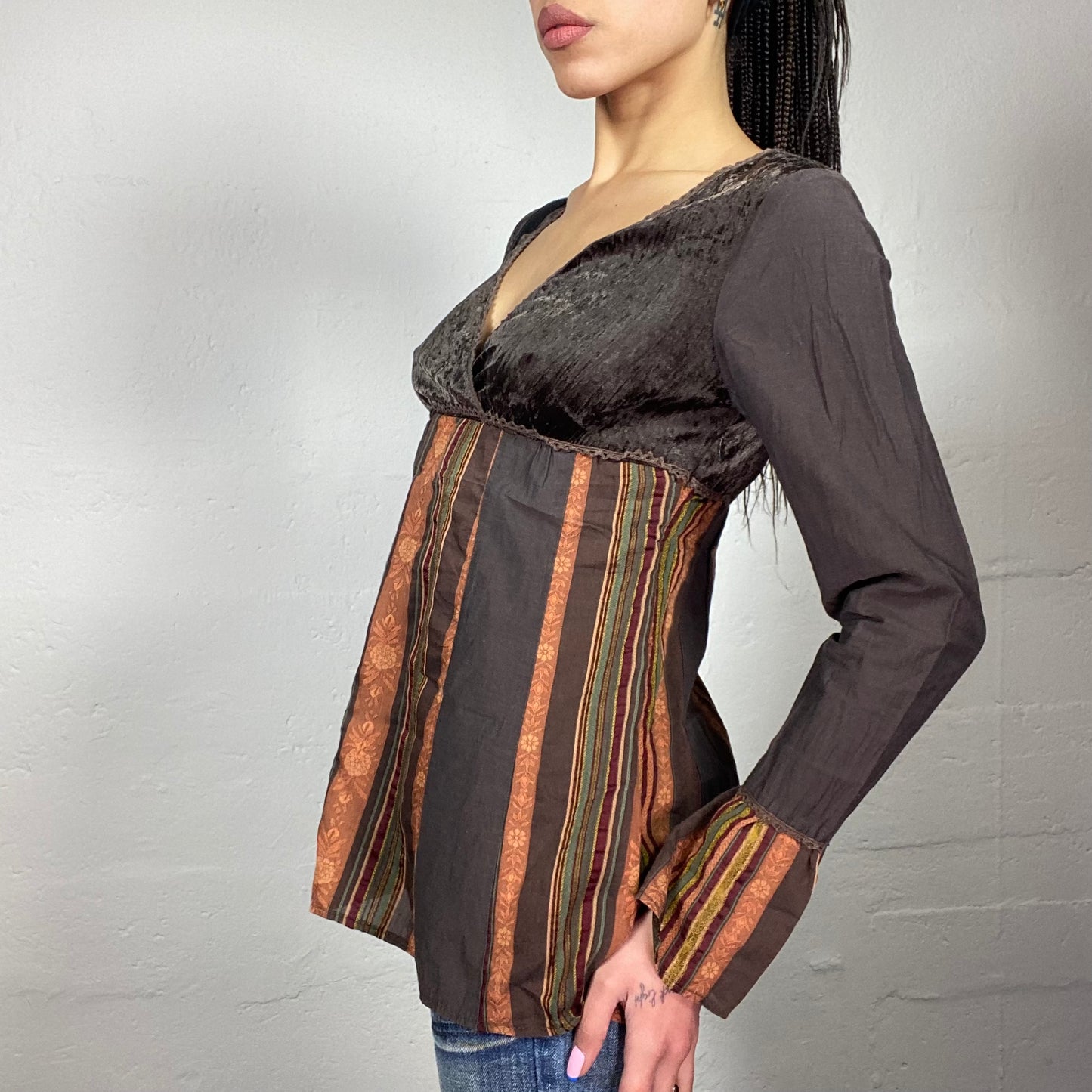 Vintage 90's Fairy Brown Longsleeve Top with Mixed Material Prints Detail (M)