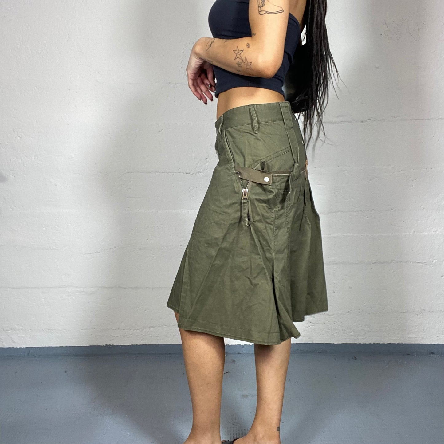 Vintage 2000's Marithé + François Girbaud Grunge Khaki Cargo Midi Skirt with Pleaded Cut (S)